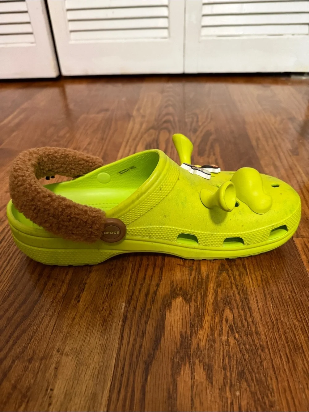 CROCS X Shrek Neon Lime Green Clog Sandals with Brown Fuzzy Heel Strap